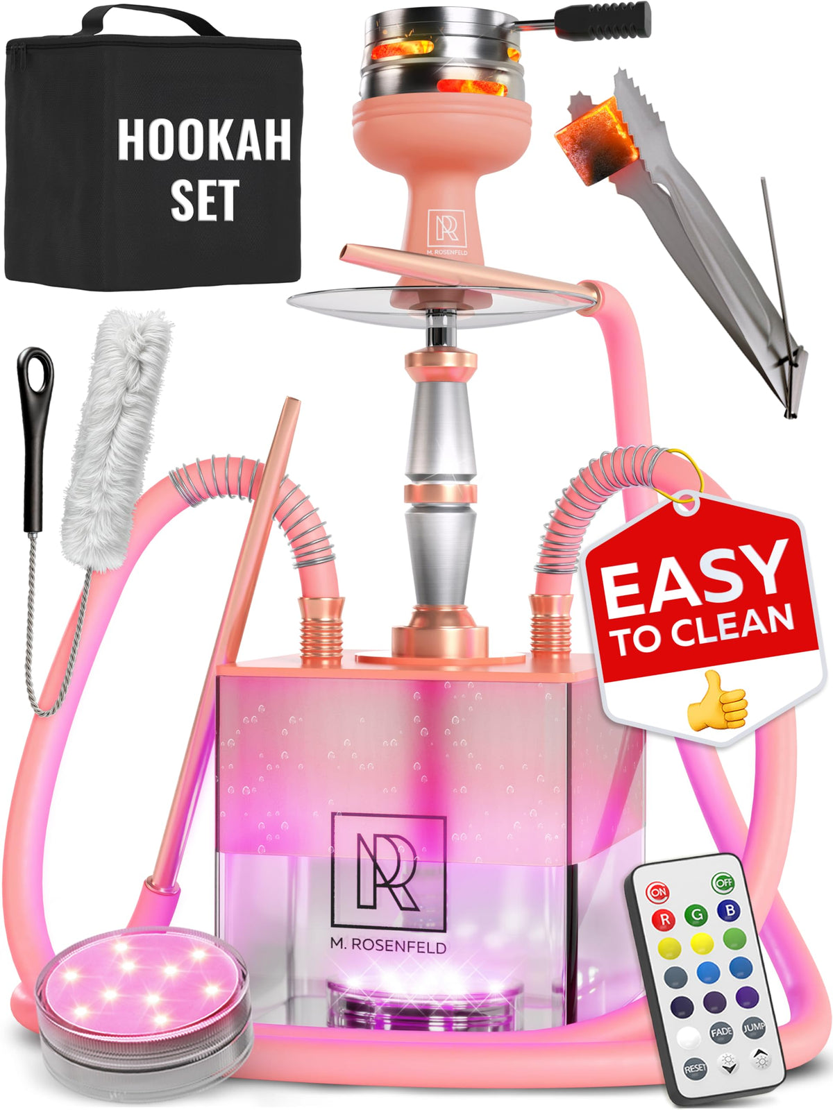 M. ROSENFELD YADO Square LED Acrylic Hookah Set – Rose Gold / 2 Hose