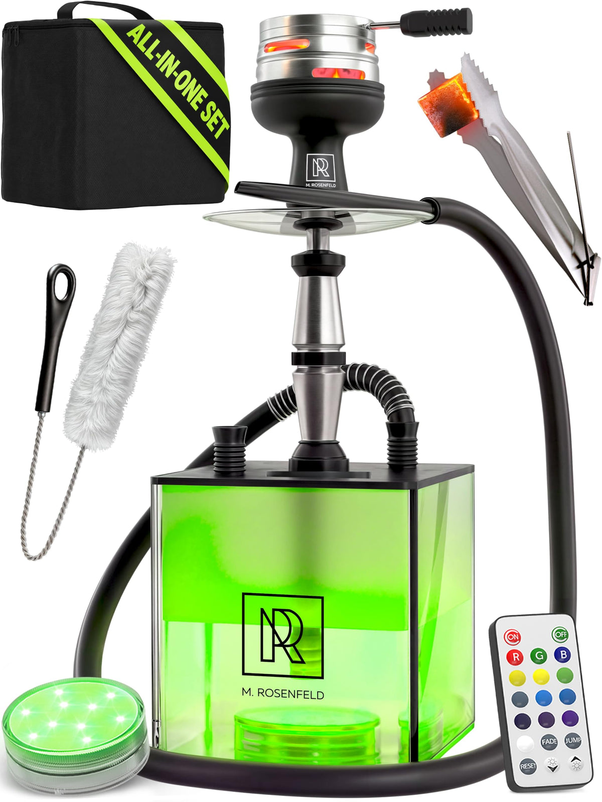 M. ROSENFELD YADO Square LED Acrylic Hookah Set – Black / 1 Hose (base kit)
