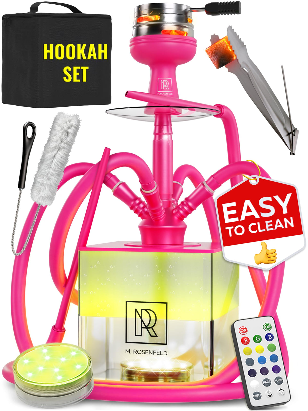 M. ROSENFELD YADO Square LED Acrylic Hookah Set – Pink / 4 Hose