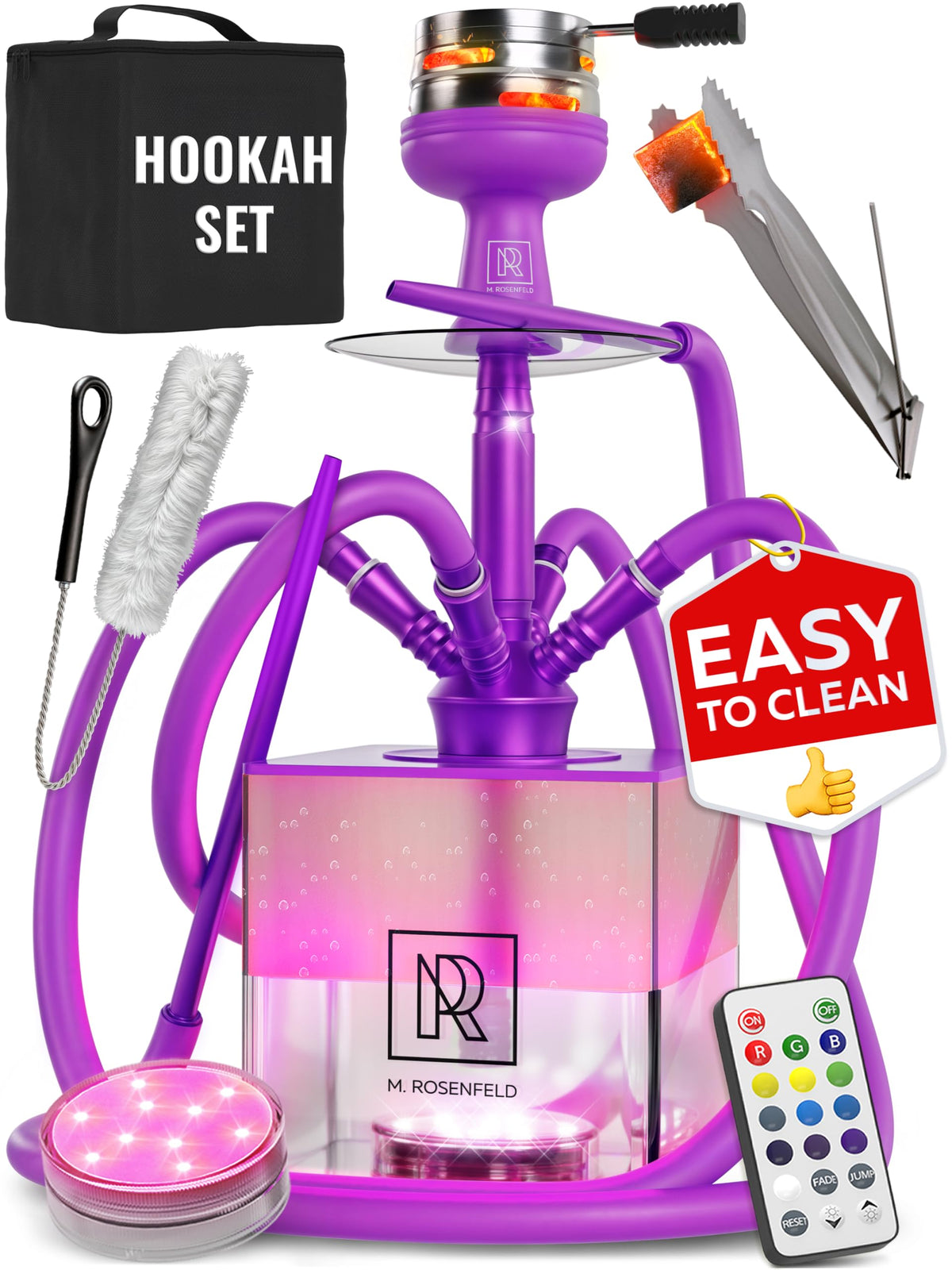 M. ROSENFELD YADO Square LED Acrylic Hookah Set – Purple / 4 Hose