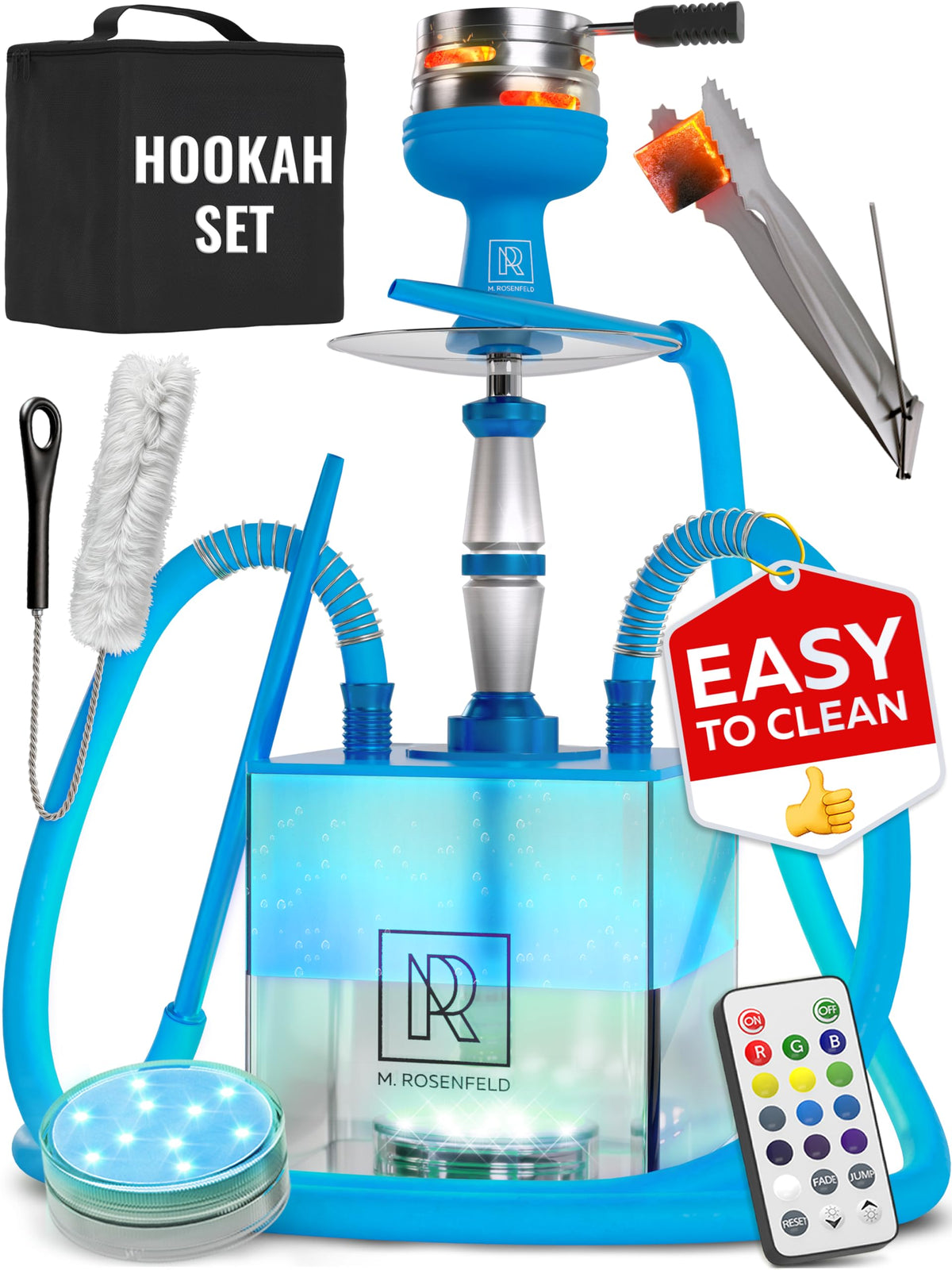 M. ROSENFELD YADO Square LED Acrylic Hookah Set – Royal Blue / 2 Hose